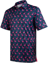 Navy Flamingo Tropical Leaf Golf Polo Shirt for Men