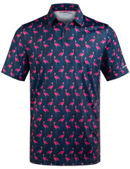 Navy Flamingo Tropical Leaf Golf Polo Shirt for Men