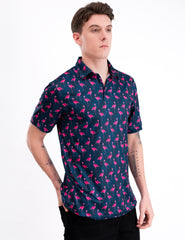 Navy Flamingo Tropical Leaf Golf Polo Shirt for Men