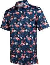 Navy Flamingo Tropical Floral Leaf Golf Polo Shirt for Men