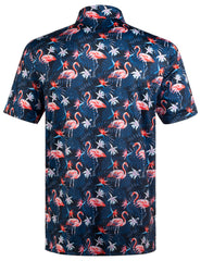 Navy Flamingo Tropical Floral Leaf Golf Polo Shirt for Men