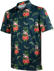 Green Flamingo Tropical Floral Leaf Golf Polo Shirt for Men