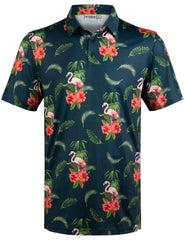 Green Flamingo Tropical Floral Leaf Golf Polo Shirt for Men