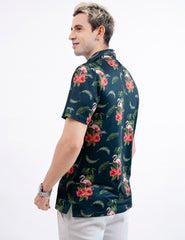 Green Flamingo Tropical Floral Leaf Golf Polo Shirt for Men