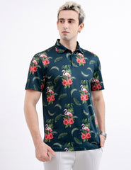 Green Flamingo Tropical Floral Leaf Golf Polo Shirt for Men