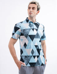 Blue Geometric Triangle Golf Polo Shirt for Men