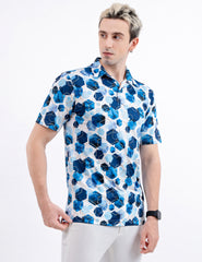 Blue Geometric Hexagonal Golf Polo Shirt for Men