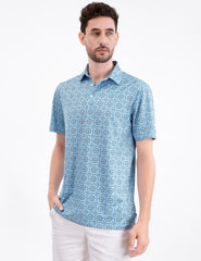 Blue Geometric Square Interlink Golf Polo Shirt for Men