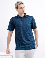 Navy Tropical Palm Leaf Golf Polo Shirt for Men