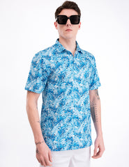 Blue Tropical Leaf Golf Polo Shirt for Men