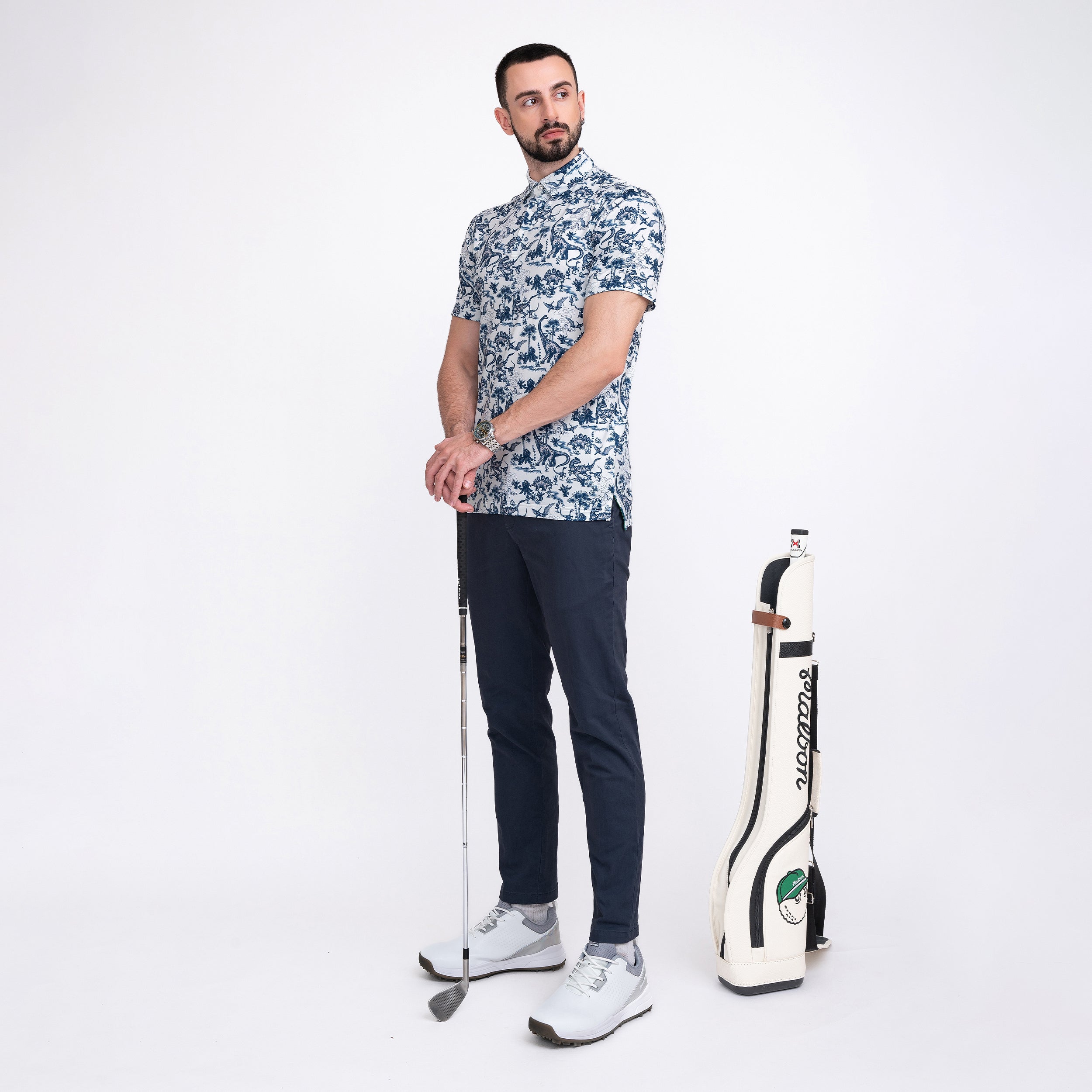 Dinosaur Jurassic Tropical Leaf Golf Polo Shirt for Men