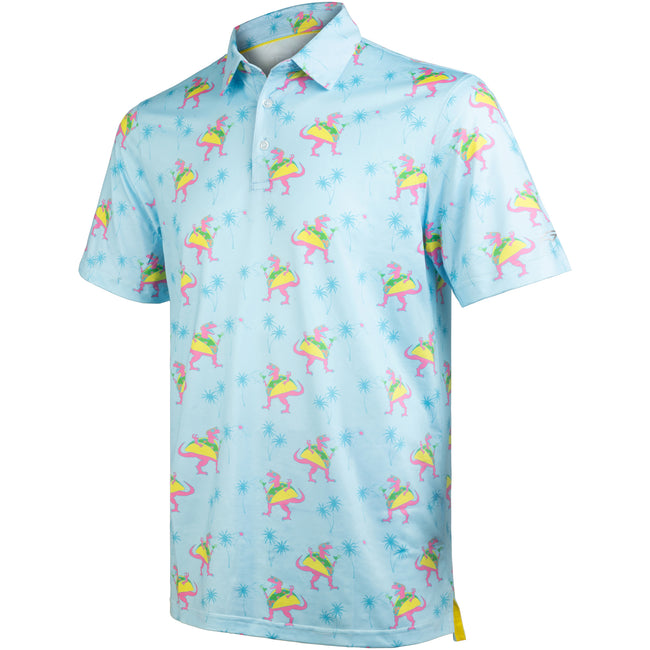 Turquoise Blue Taco Dinosaur Coconut Tree Golf Polo Shirt for Men Hover Image
