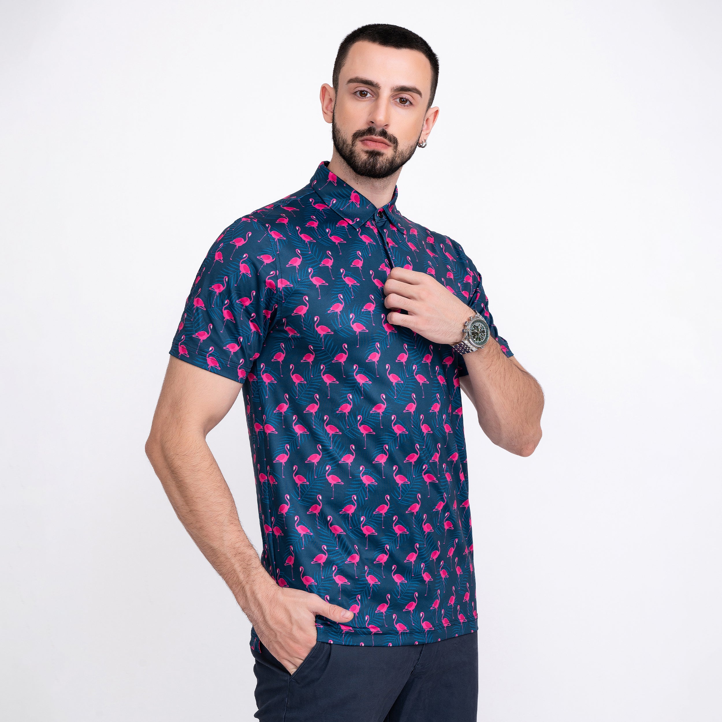 Navy Flamingo Tropical Leaf Golf Polo Shirt for Men