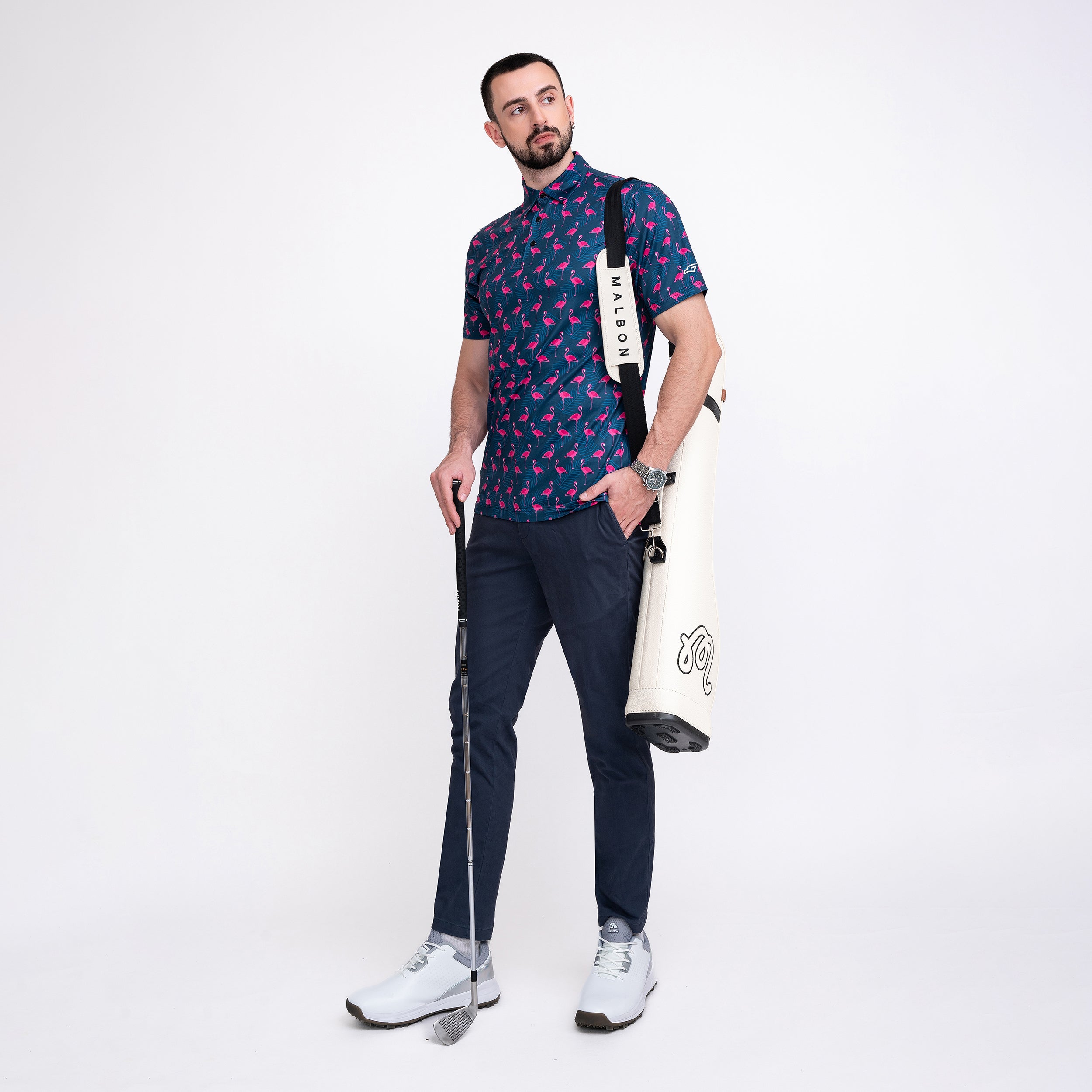 Navy Flamingo Tropical Leaf Golf Polo Shirt for Men