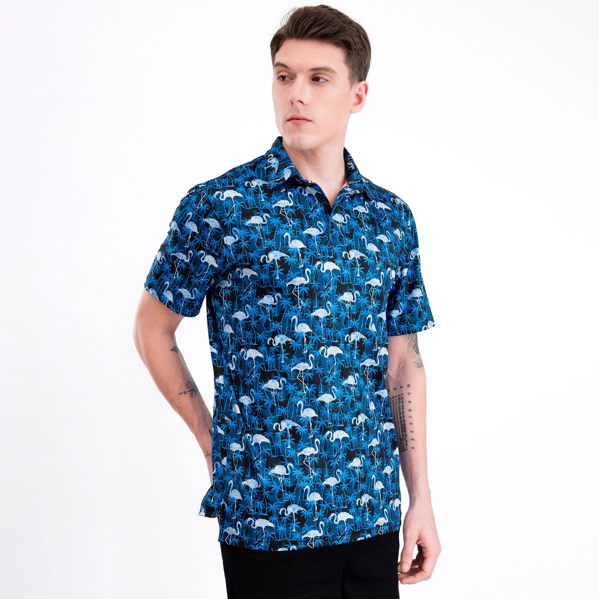 Navy Flamingo Tropical Coconut Tree Golf Polo Shirt for Men