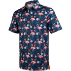 Navy Flamingo Tropical Floral Leaf Golf Polo Shirt for Men