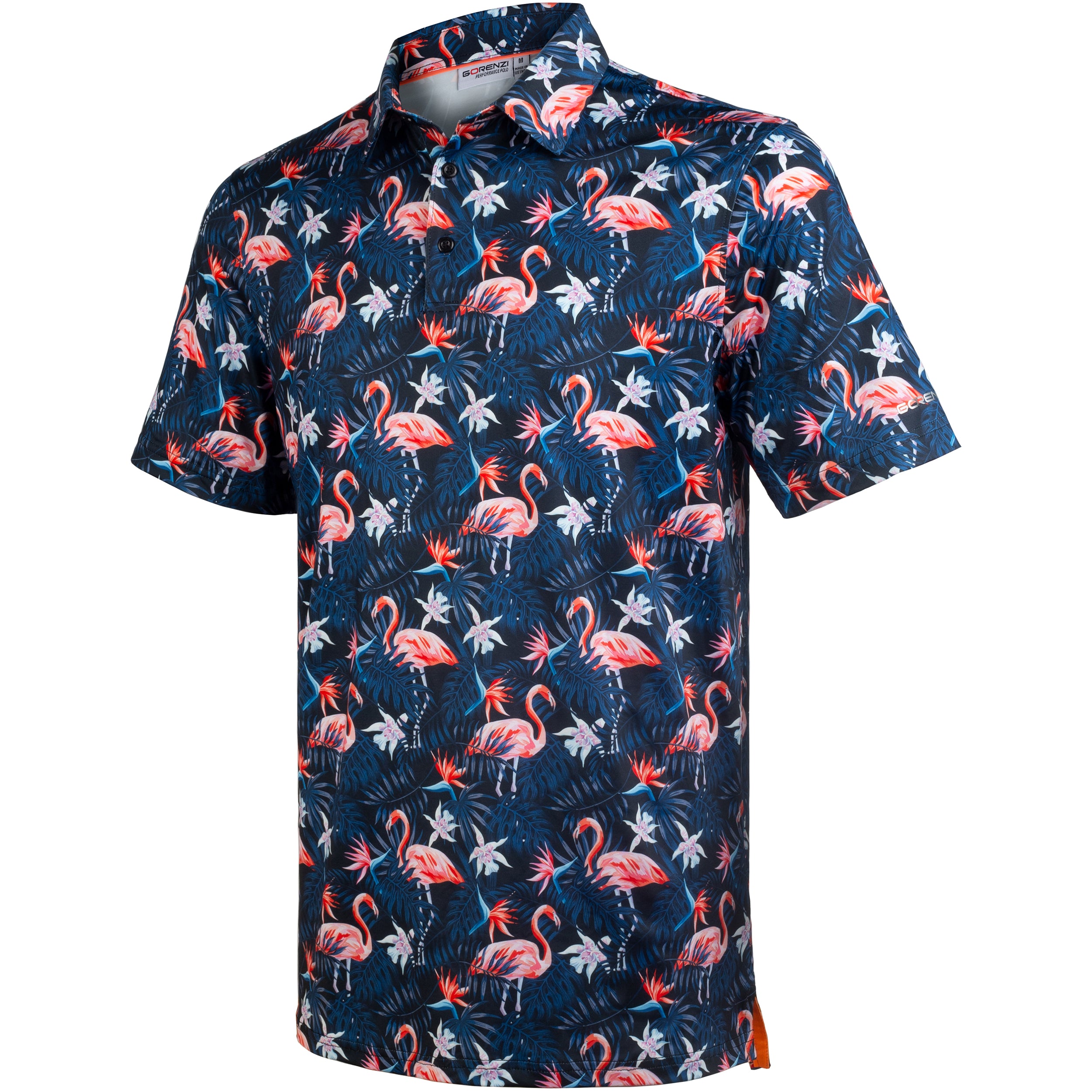 Navy Flamingo Tropical Floral Leaf Golf Polo Shirt for Men