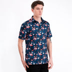 Navy Flamingo Tropical Floral Leaf Golf Polo Shirt for Men