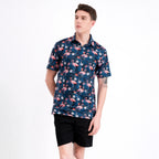 Navy Flamingo Tropical Floral Leaf Golf Polo Shirt for Men