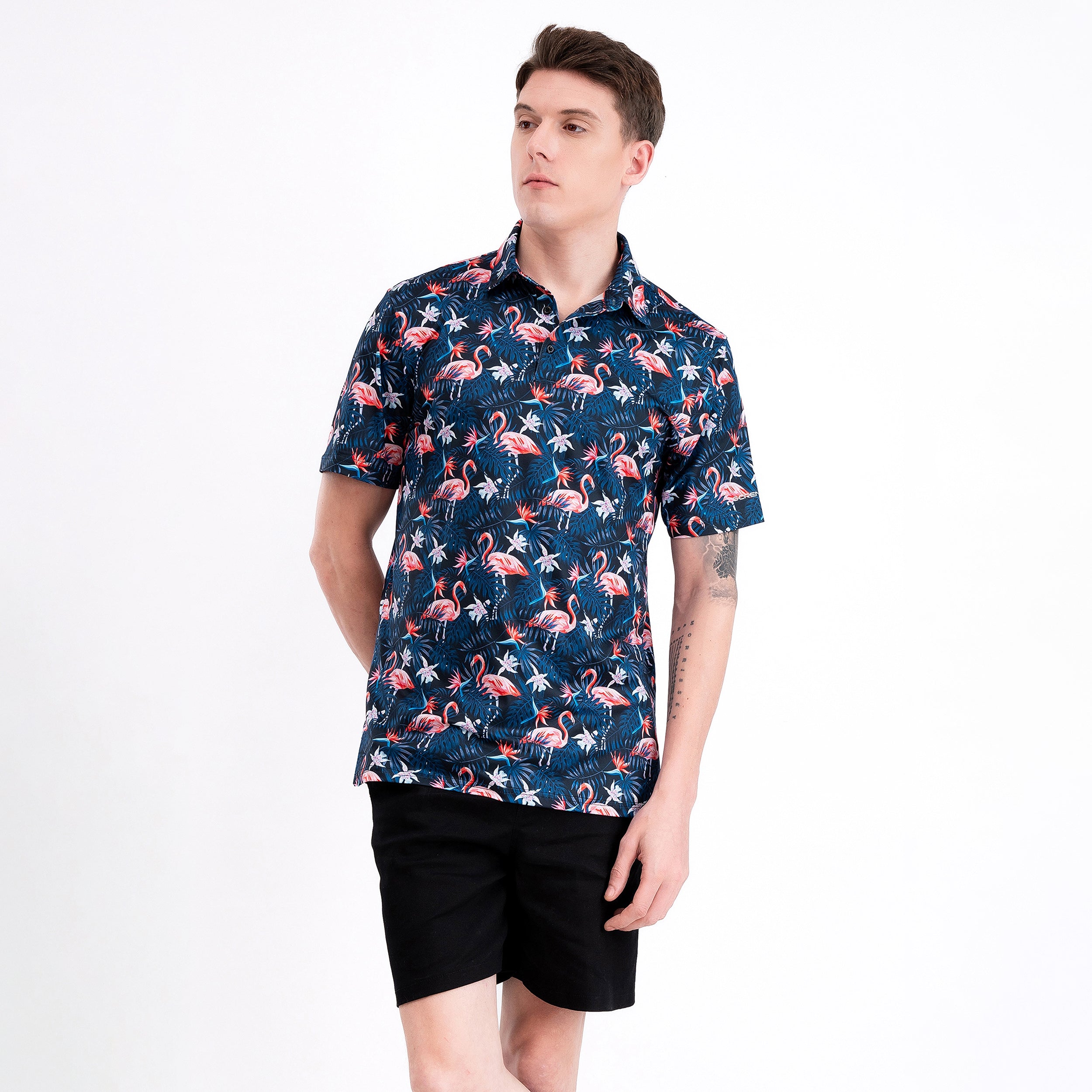 Navy Flamingo Tropical Floral Leaf Golf Polo Shirt for Men