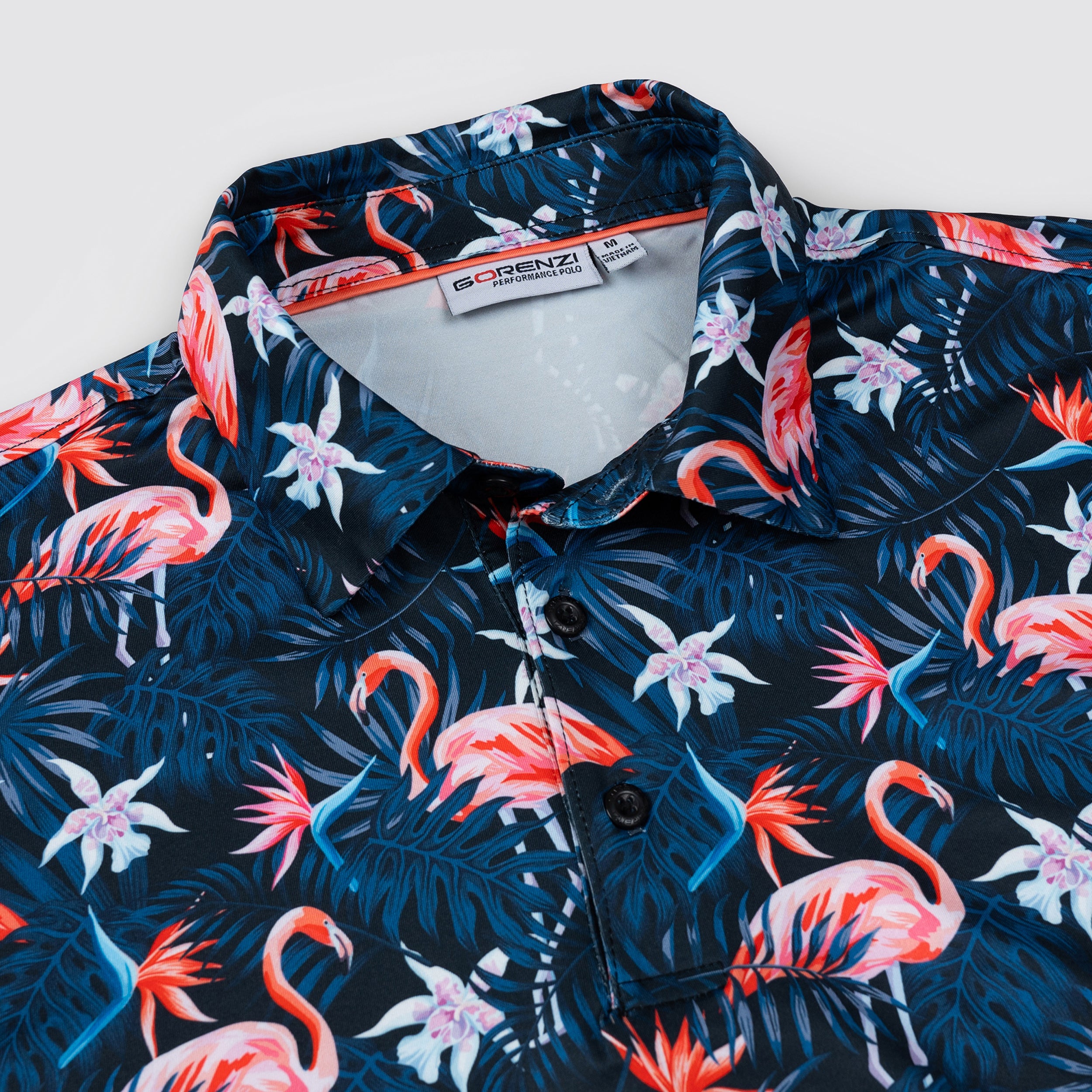 Navy Flamingo Tropical Floral Leaf Golf Polo Shirt for Men