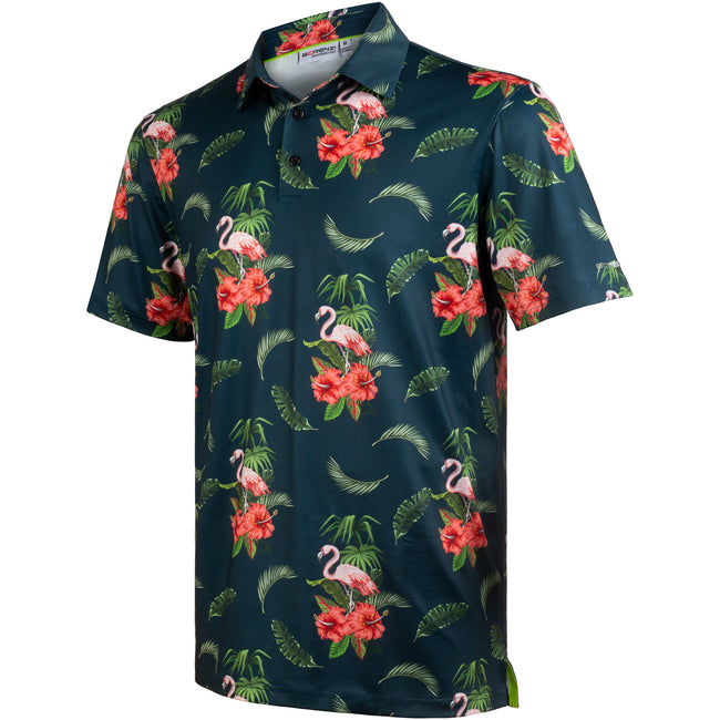Green Flamingo Tropical Floral Leaf Golf Polo Shirt for Men Hover Image