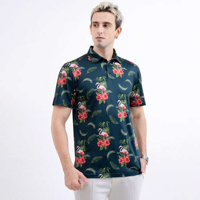 Green Flamingo Tropical Floral Leaf Golf Polo Shirt for Men Main Image