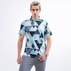 Blue Geometric Triangle Golf Polo Shirt for Men