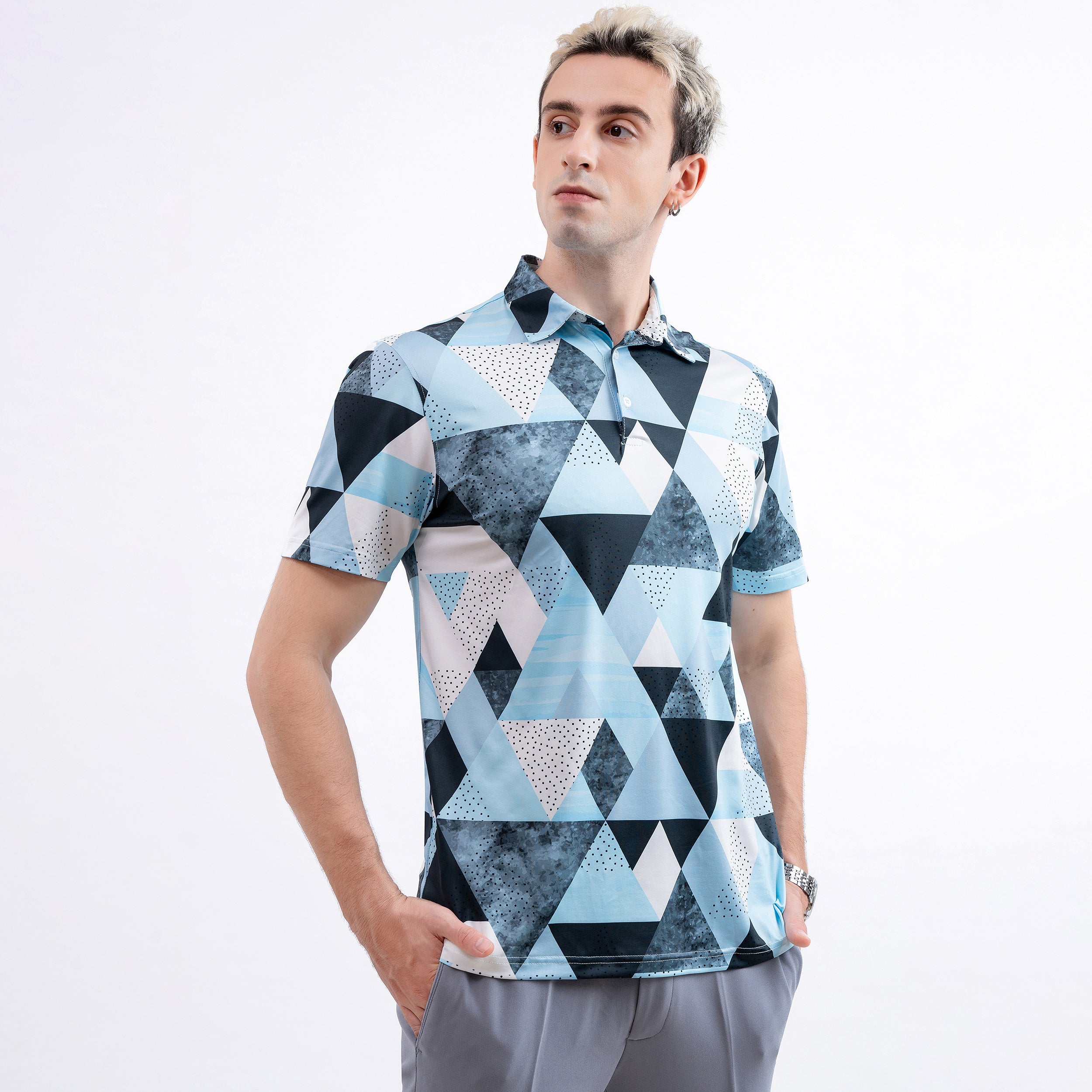 Blue Geometric Triangle Golf Polo Shirt for Men