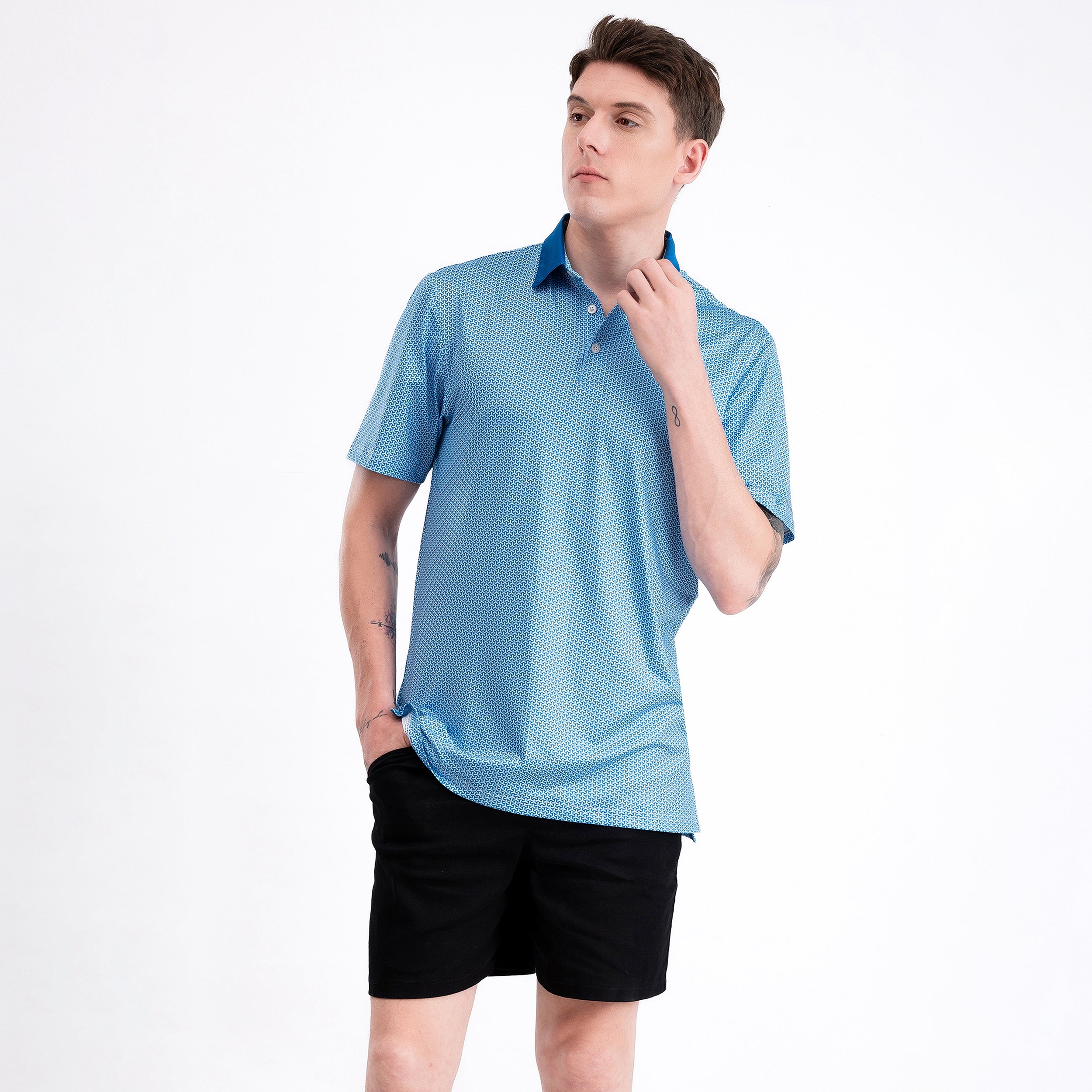 Blue Geometric Golf Polo Shirt for Men