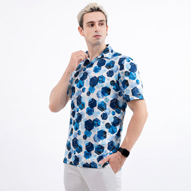 Blue Geometric Hexagonal Golf Polo Shirt for Men Main Image