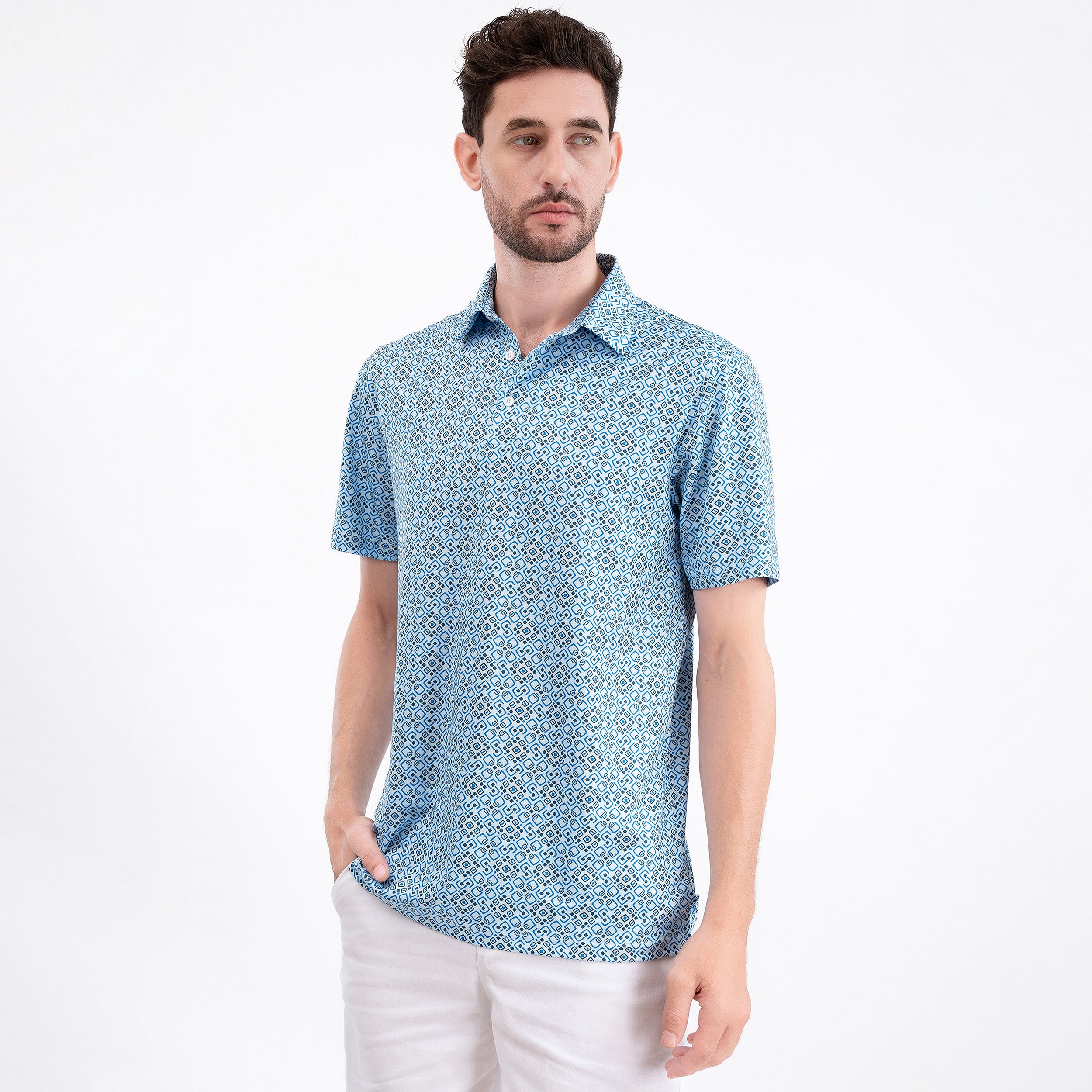 Blue Geo Tile Men’s Performance Golf Polo