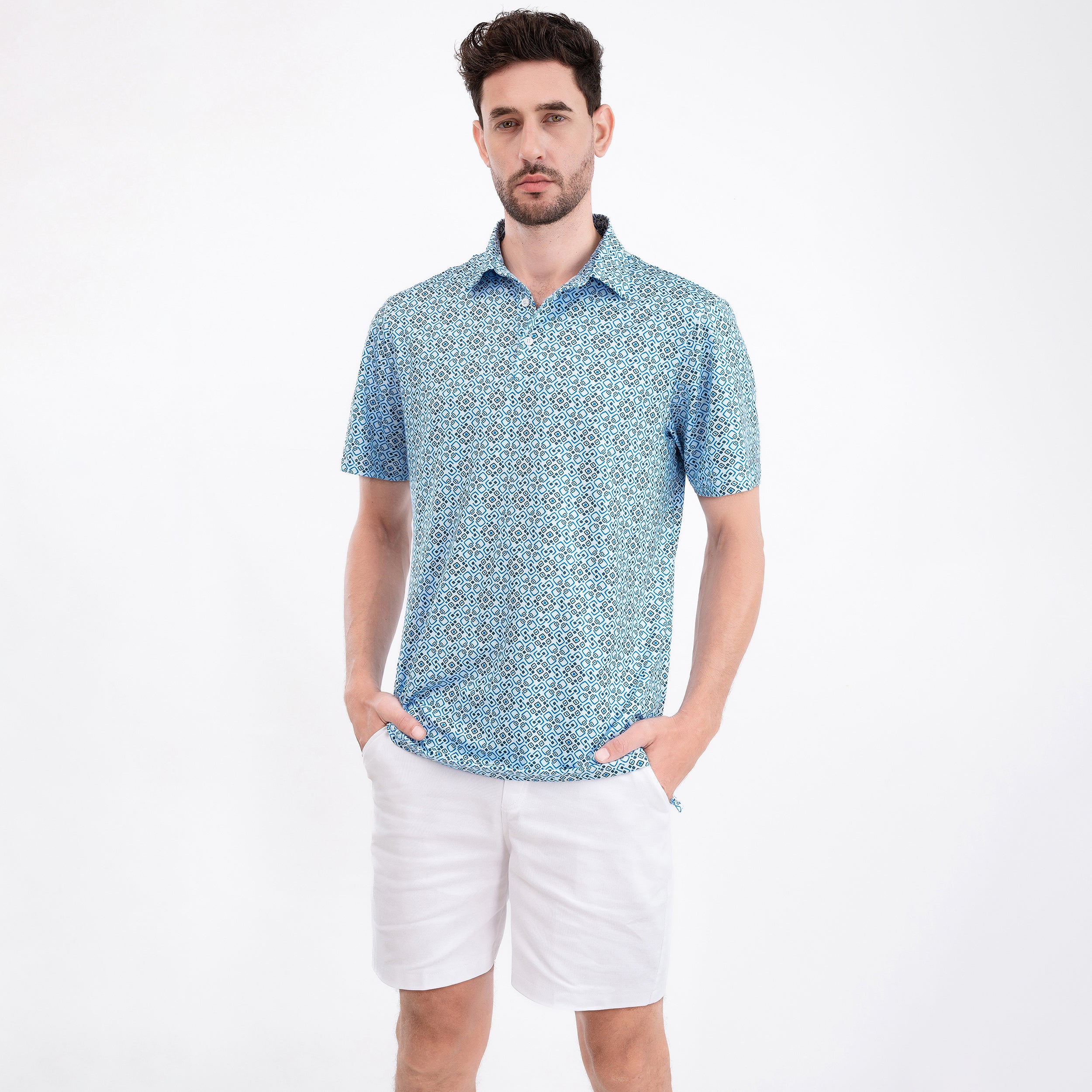 Blue Geo Tile Men’s Performance Golf Polo