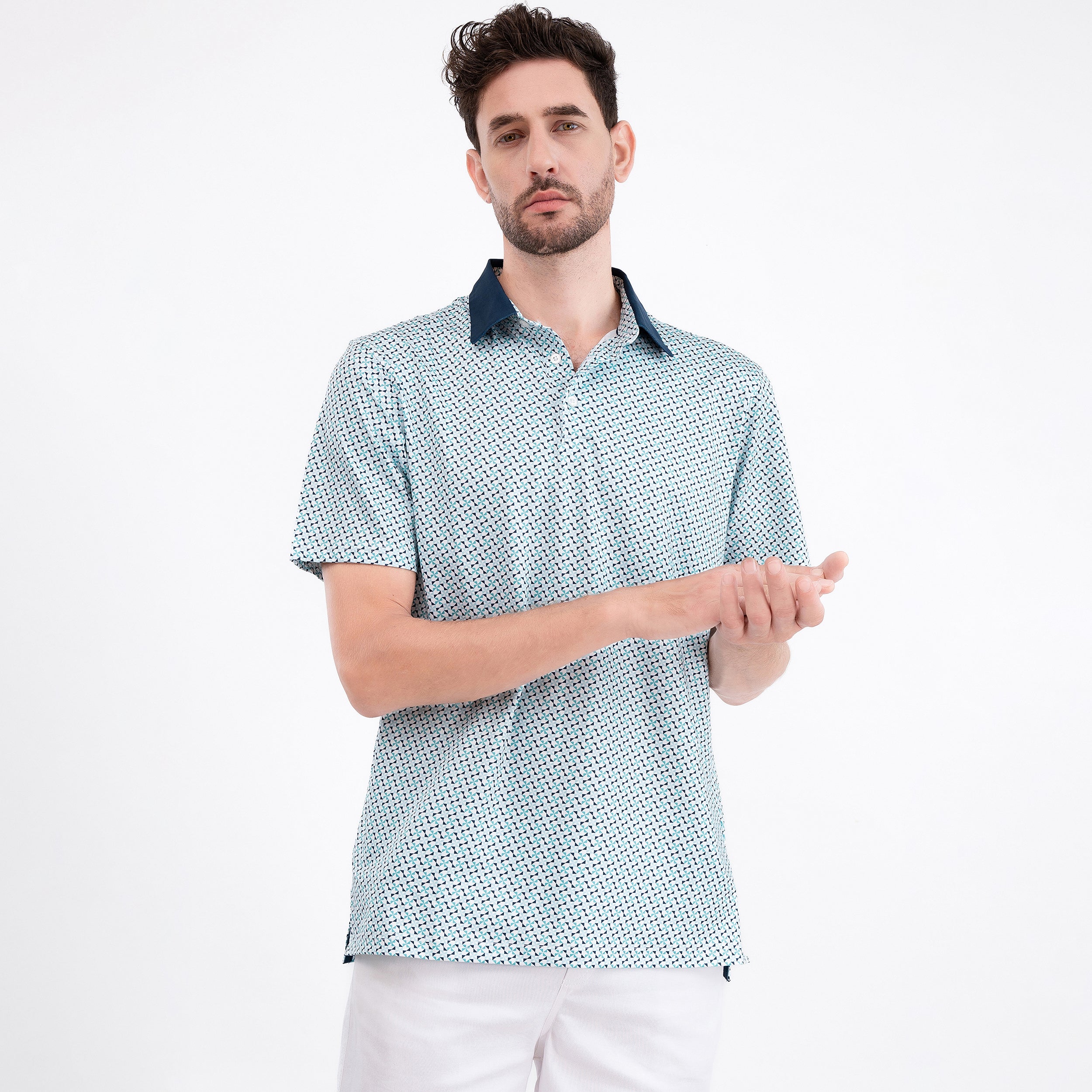 Green Geometric Umbrella Golf Polo Shirt for Men
