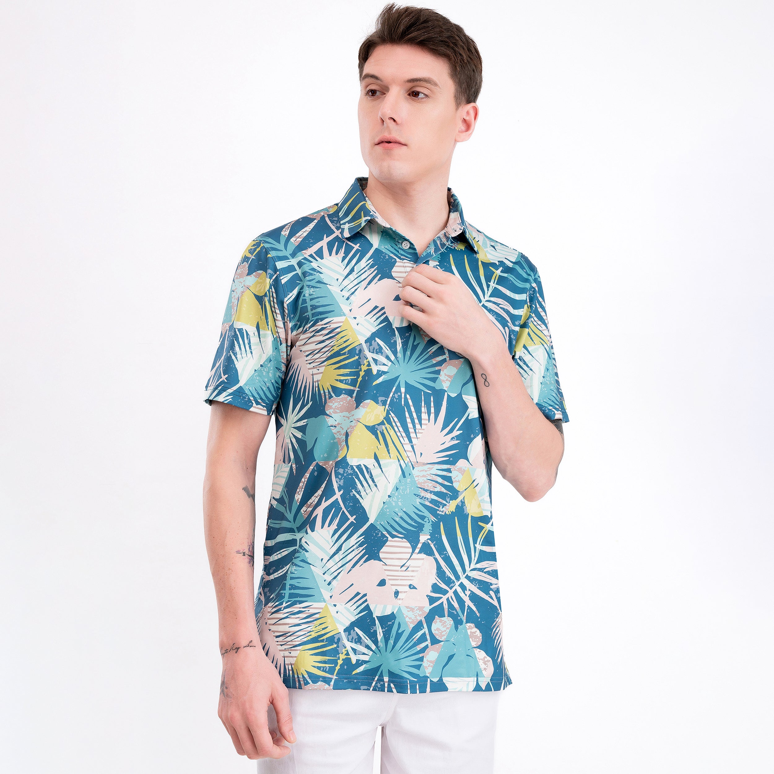 Blue Geometric Floral Men’s Performance Golf Polo