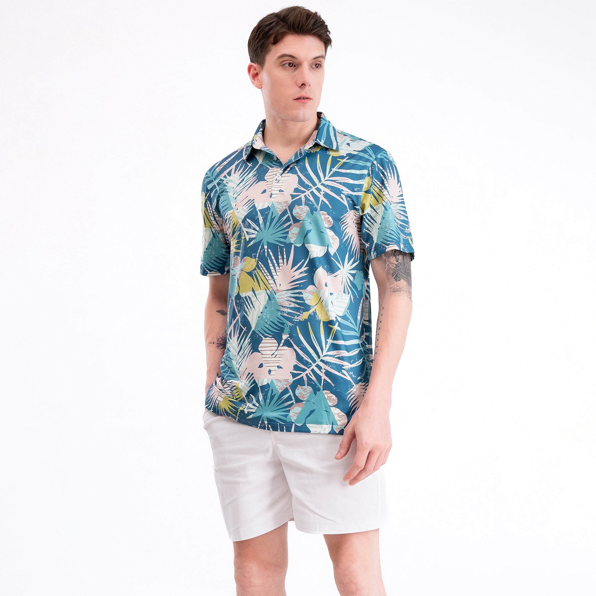 Blue Geometric Floral Men’s Performance Golf Polo