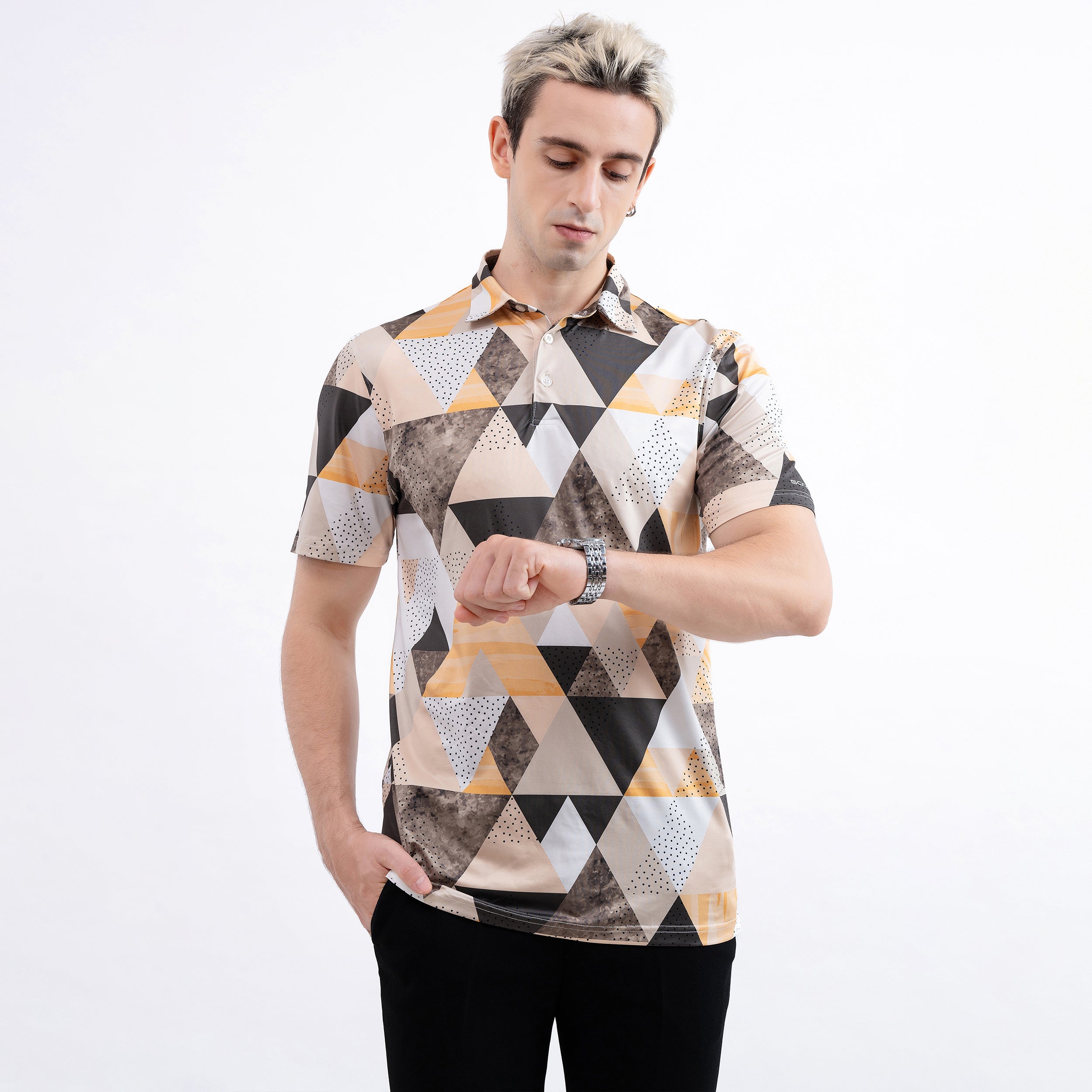 Orange Geometric Triangle Golf Polo Shirt for Men
