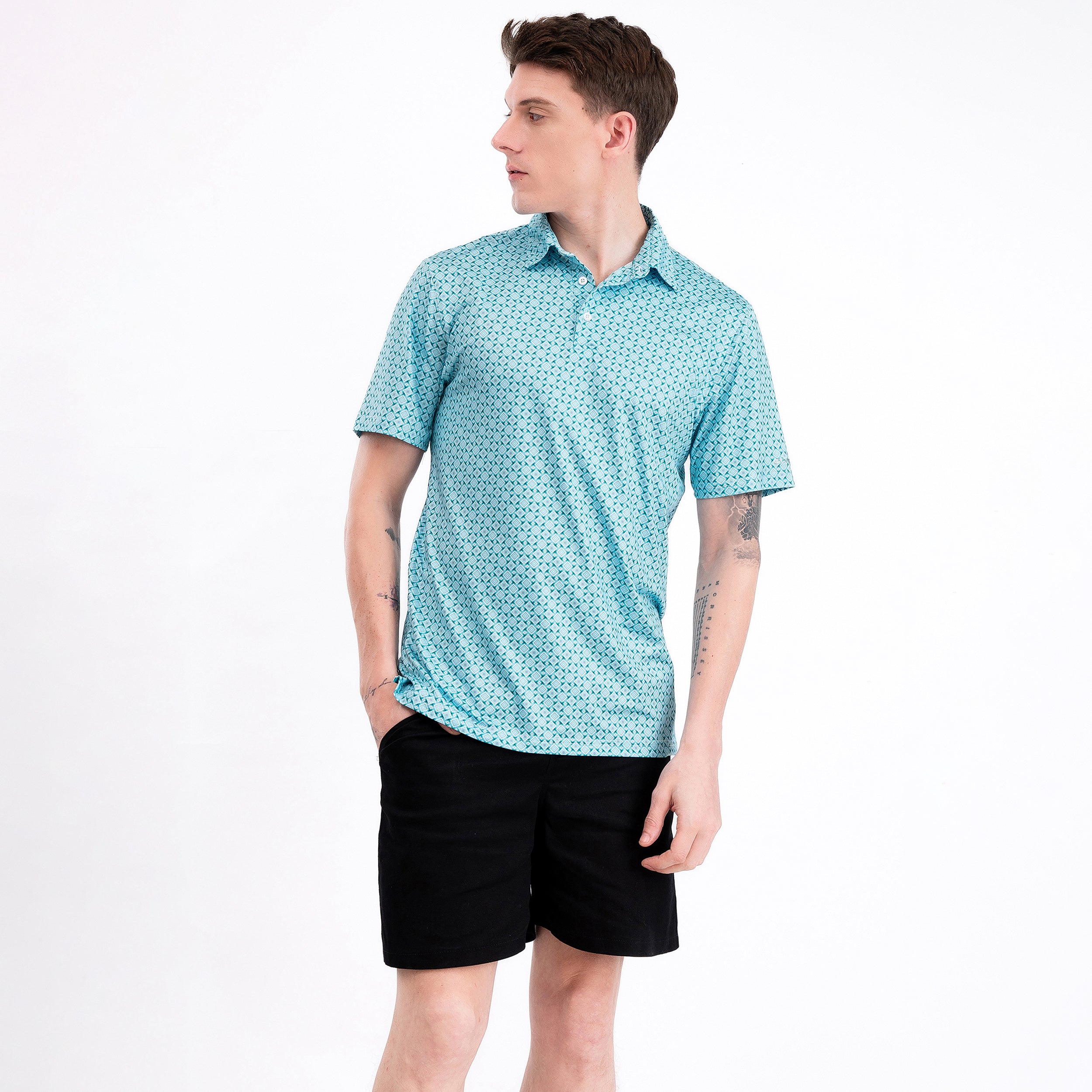 Green Square Geometric Golf Polo Shirt for Men