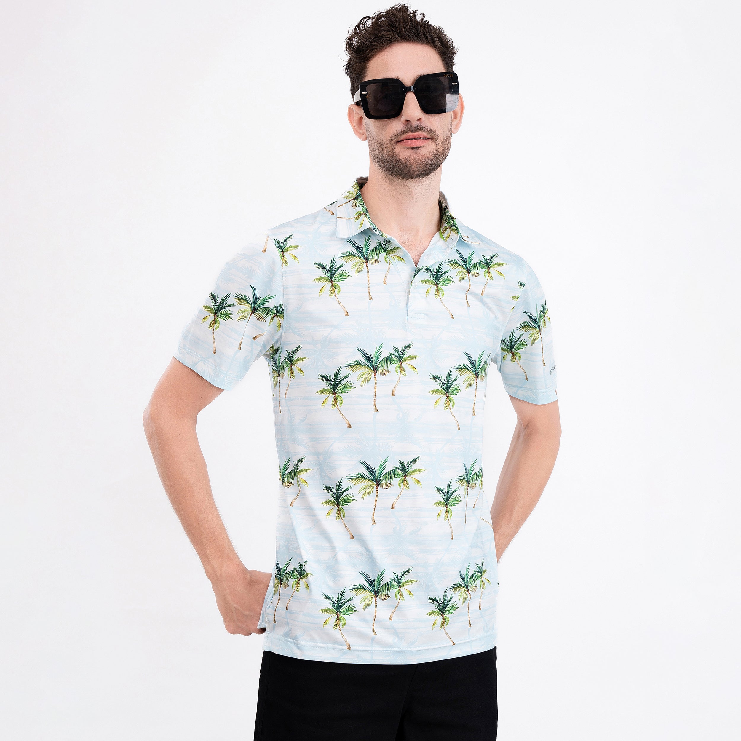 White Tropical Palm Men’s Performance Golf Polo