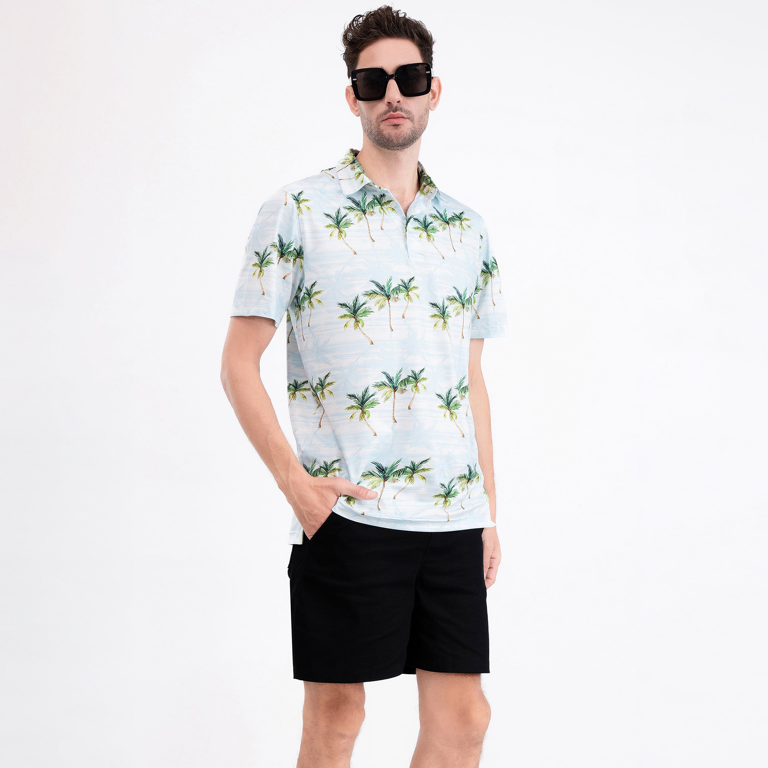 White Tropical Palm Men’s Performance Golf Polo