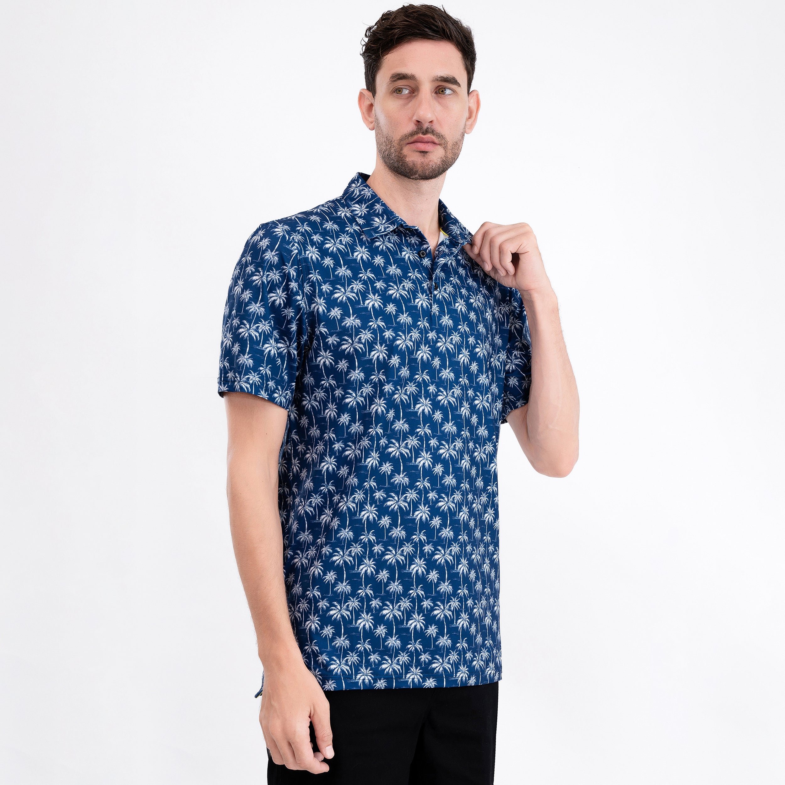 Navy Tropical Coconut Palm Tree Golf Polo Shirt for Men