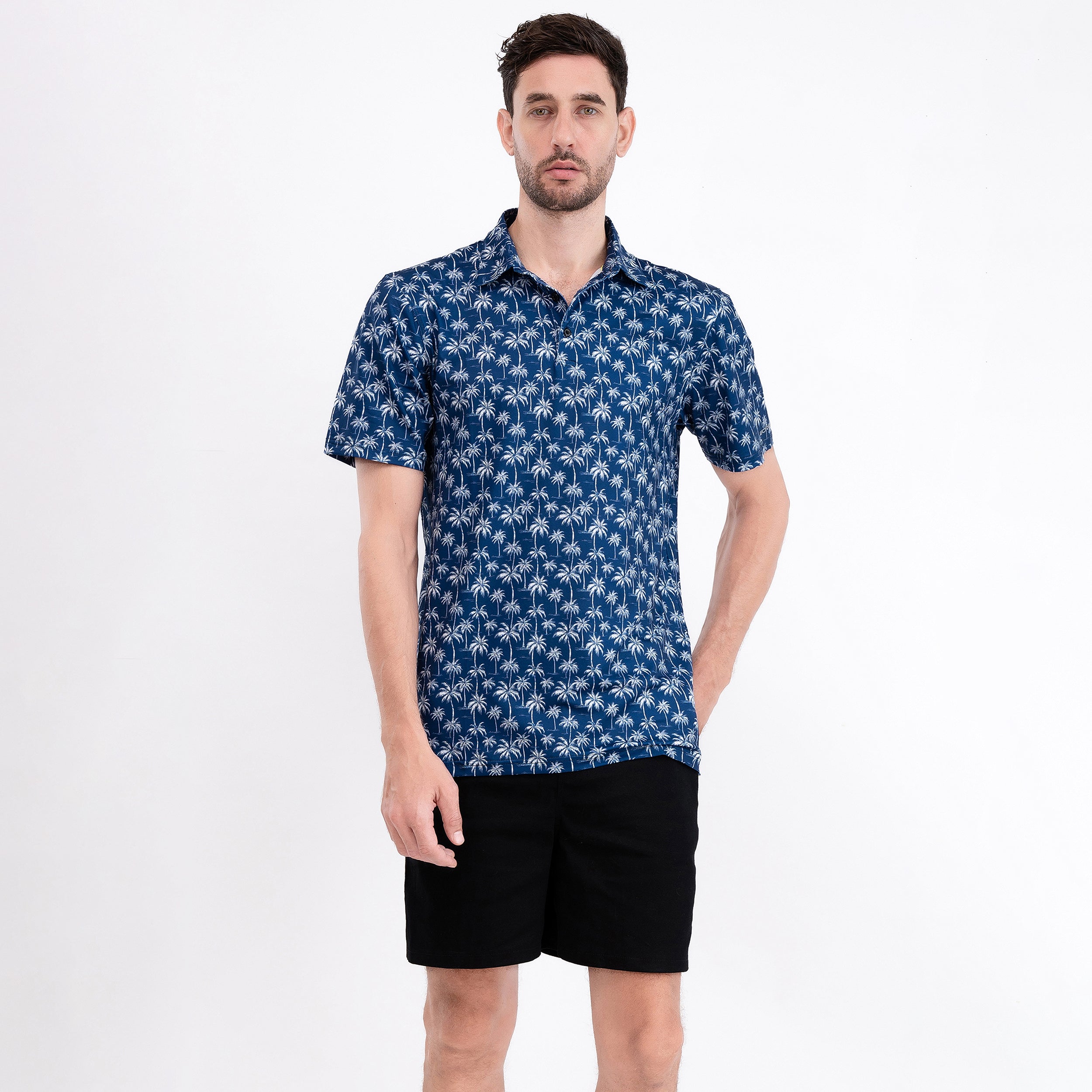 Navy Tropical Coconut Palm Tree Golf Polo Shirt for Men