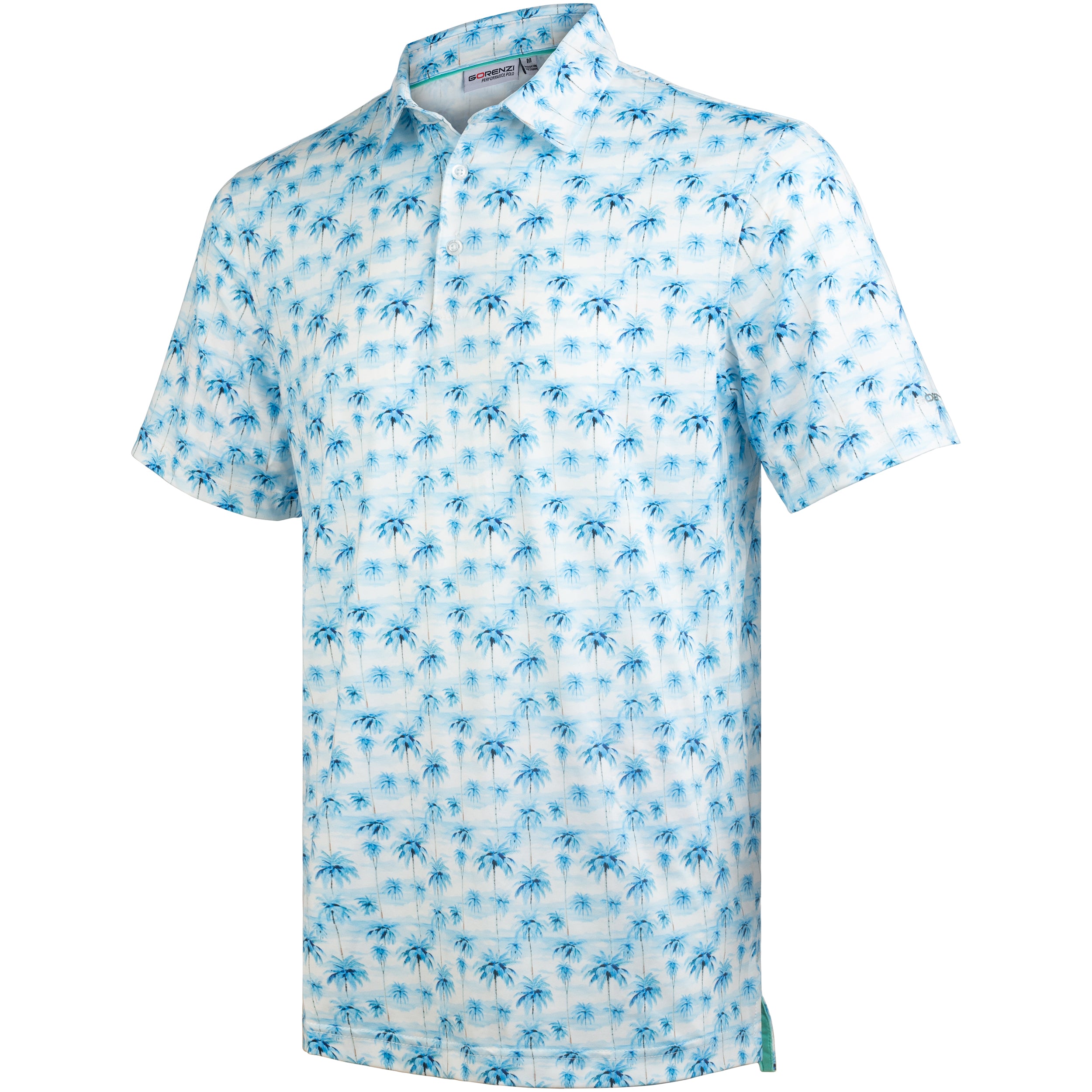 Sky Blue Tropical Palm Men’s Performance Golf Polo