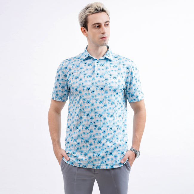 Sky Blue Tropical Palm Men’s Performance Golf Polo Main Image