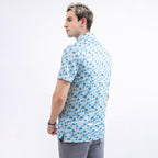Sky Blue Tropical Palm Men’s Performance Golf Polo