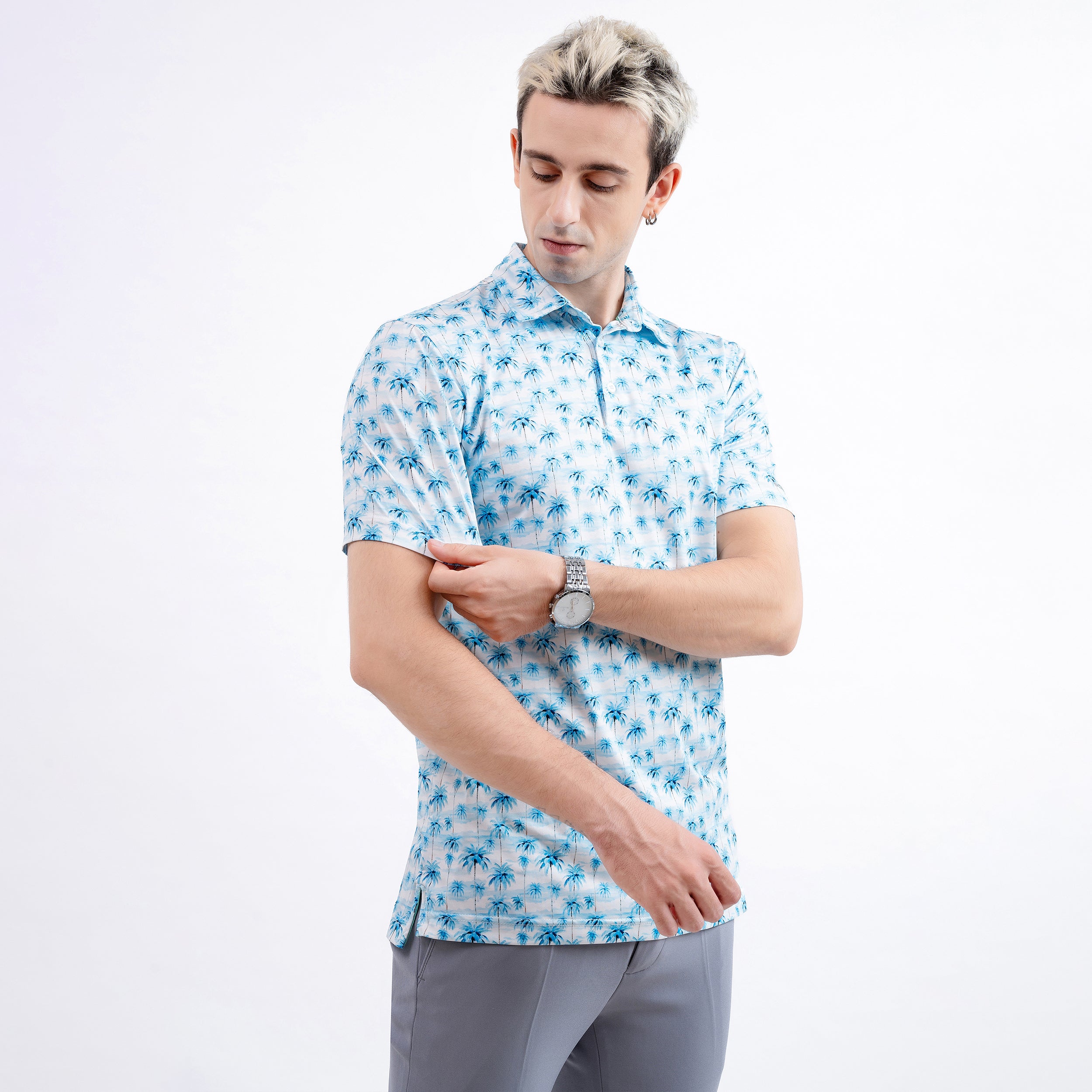 Sky Blue Tropical Palm Men’s Performance Golf Polo