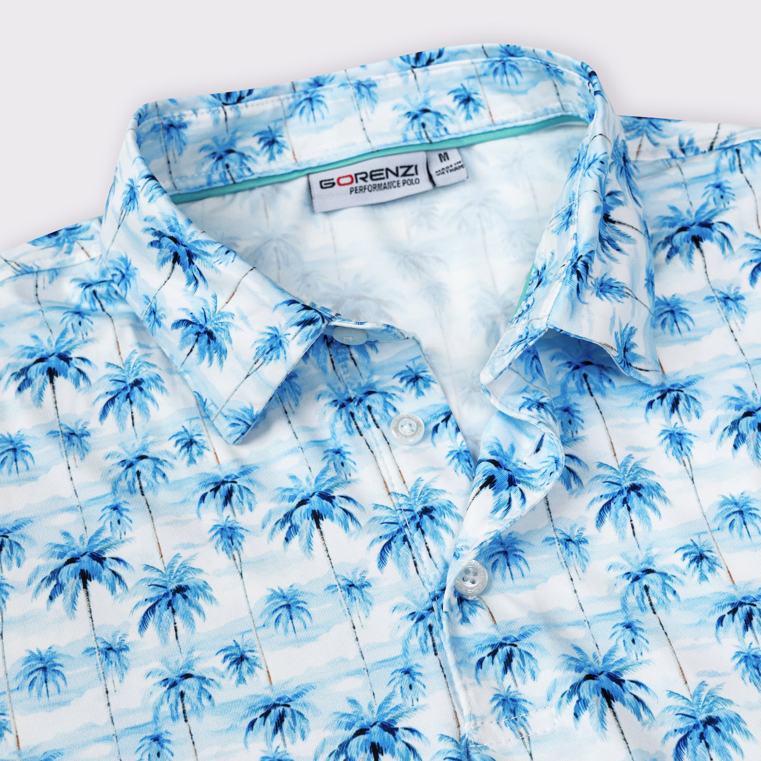 Sky Blue Tropical Palm Men’s Performance Golf Polo