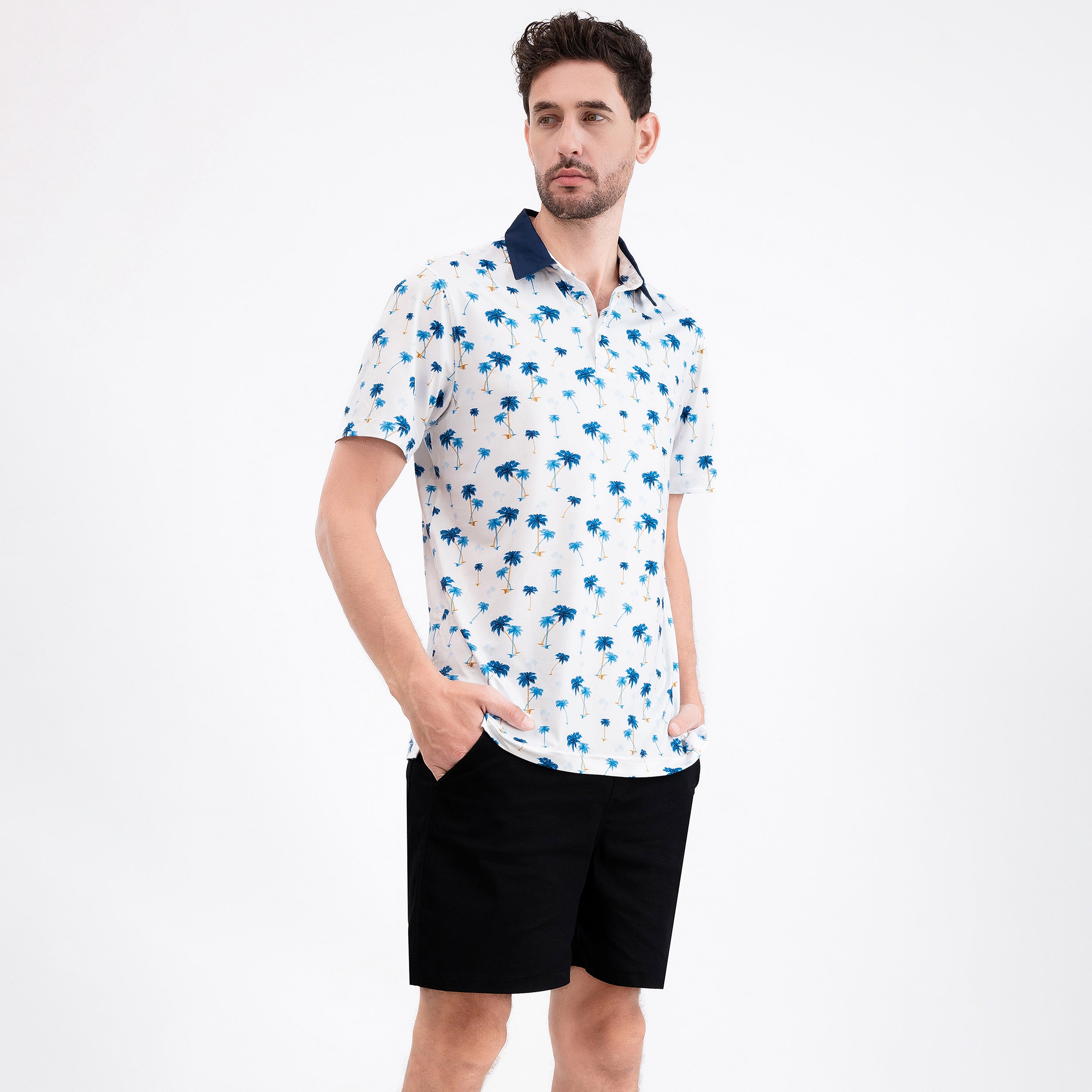 White Blue Palm Men’s Performance Golf Polo