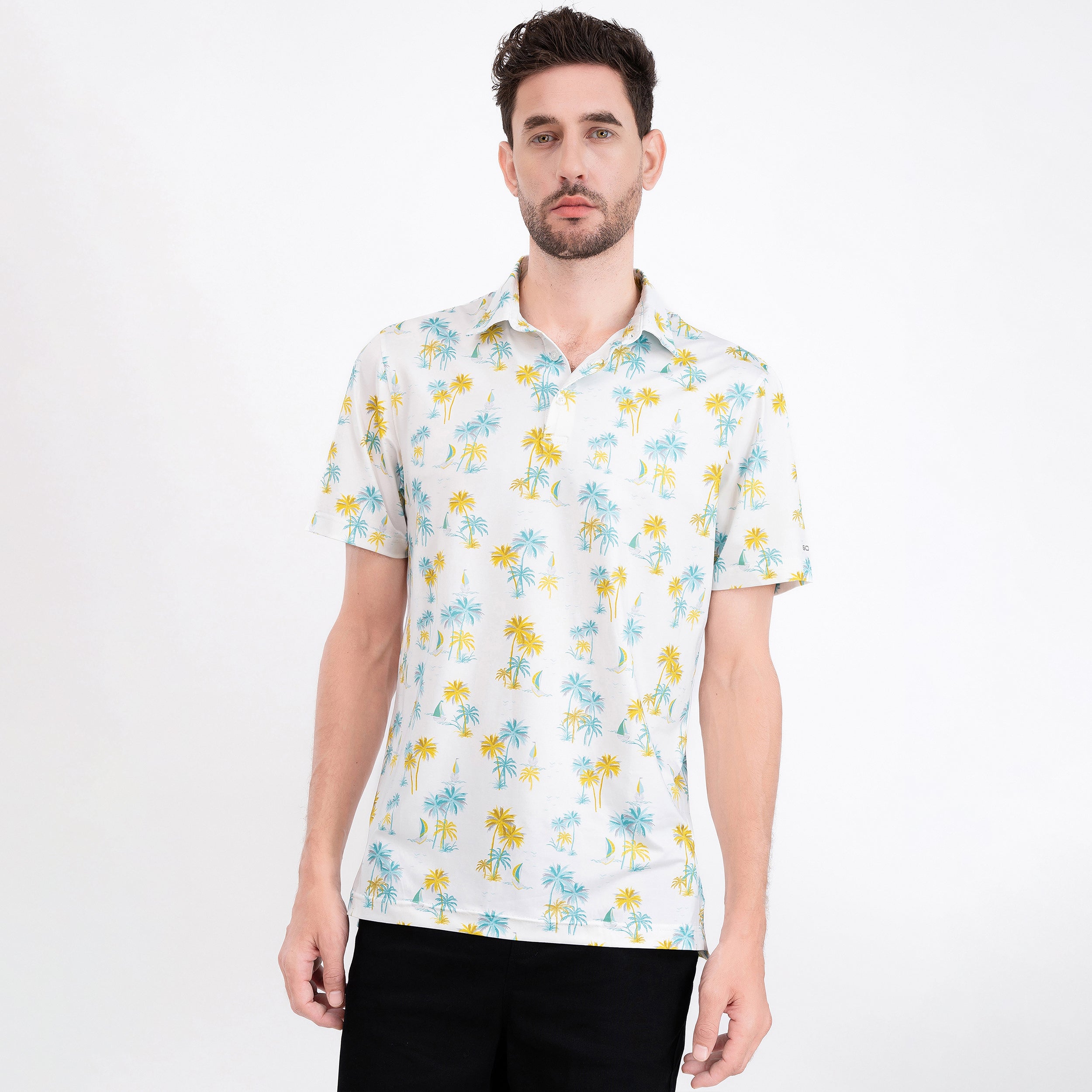 White Sailboat Palm Men’s Performance Golf Polo