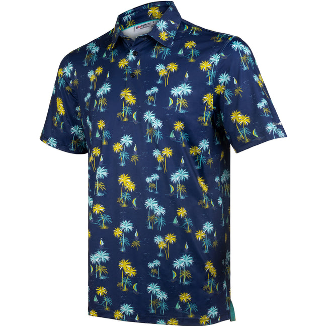 Navy Sailboat Tropical Coconut Tree Golf Polo Shirt for Men Hover Image